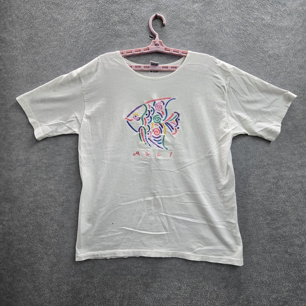 VINTAGE Crazy Shirt Hawaii Men Shirt L White Embroidered Maui Fish 90s‎ USA
